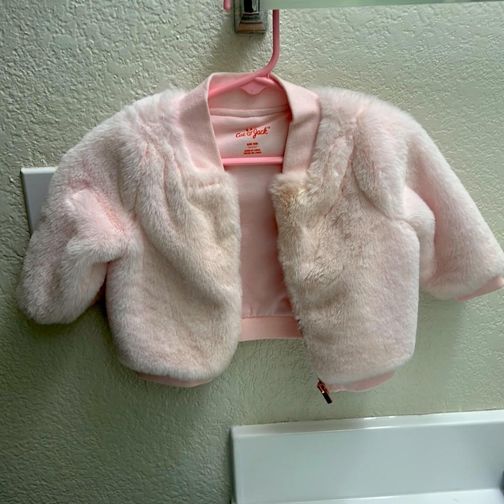 Pink faux fur bomber 6-9mos.